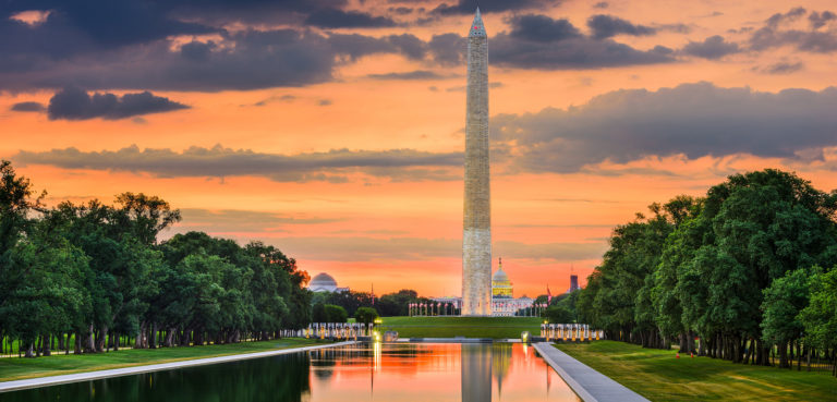 Washington Monument on the Reflecting Pool in Washington, DC.