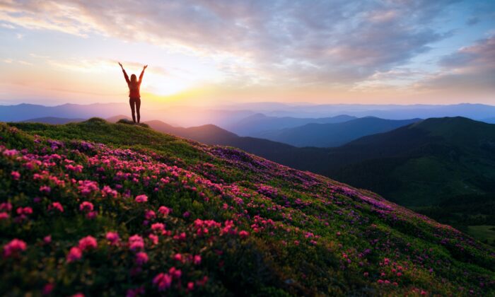 Hiker,Woman,Standing,With,Hands,Up,Achieving,The,Top.,Girl